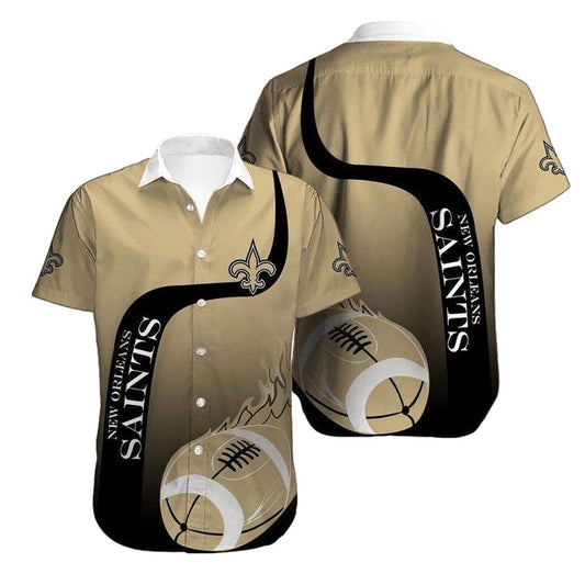 New Orleans Saints Logo And Flame Ball Black Gold Hawaiian Shirt - Moonbestprint
