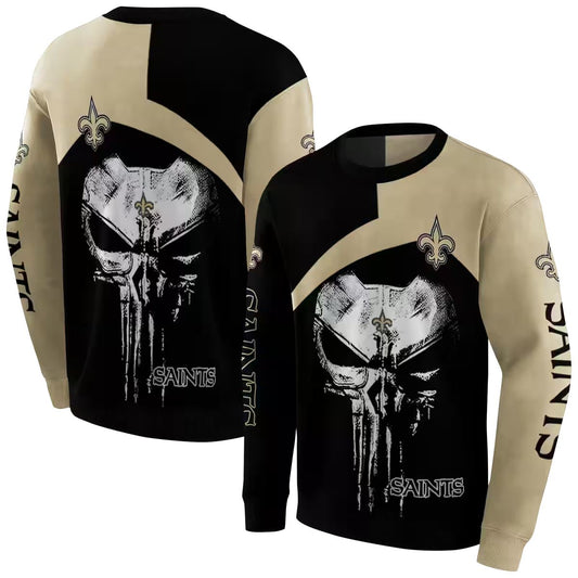 New Orleans Saints Logo And Skull Punisher Black Gold AOP Sweatshirt - Moonbestprint