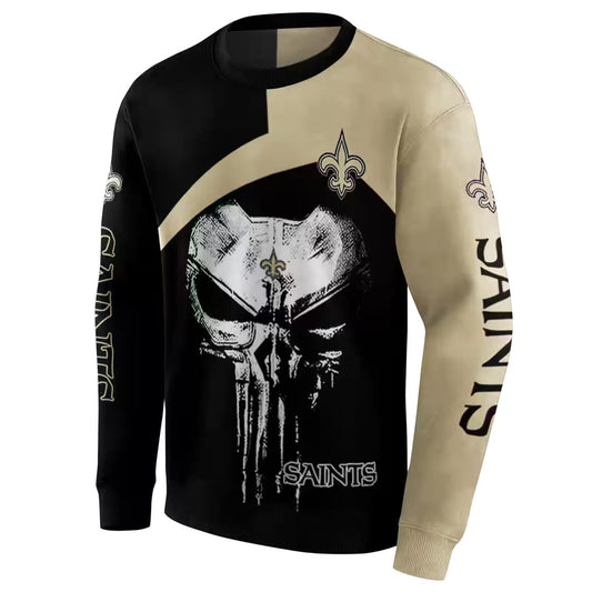 New Orleans Saints Logo And Skull Punisher Black Gold AOP Sweatshirt - Moonbestprint
