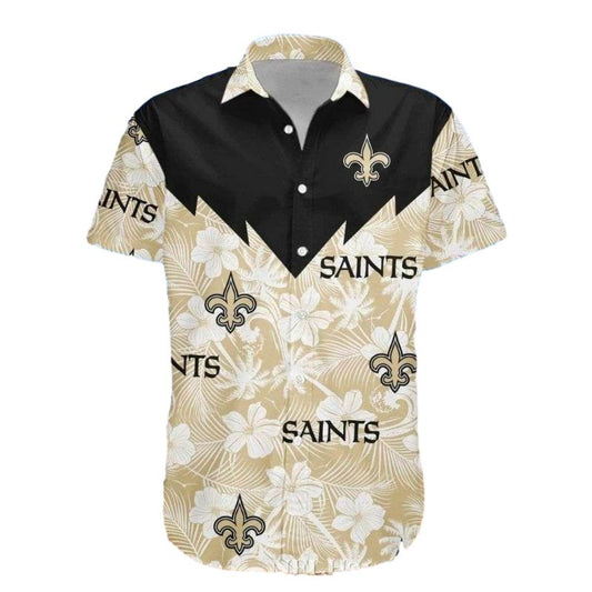 New Orleans Saints Logo Black And Beige Paneled Hawaiian Shirt - Moonbestprint