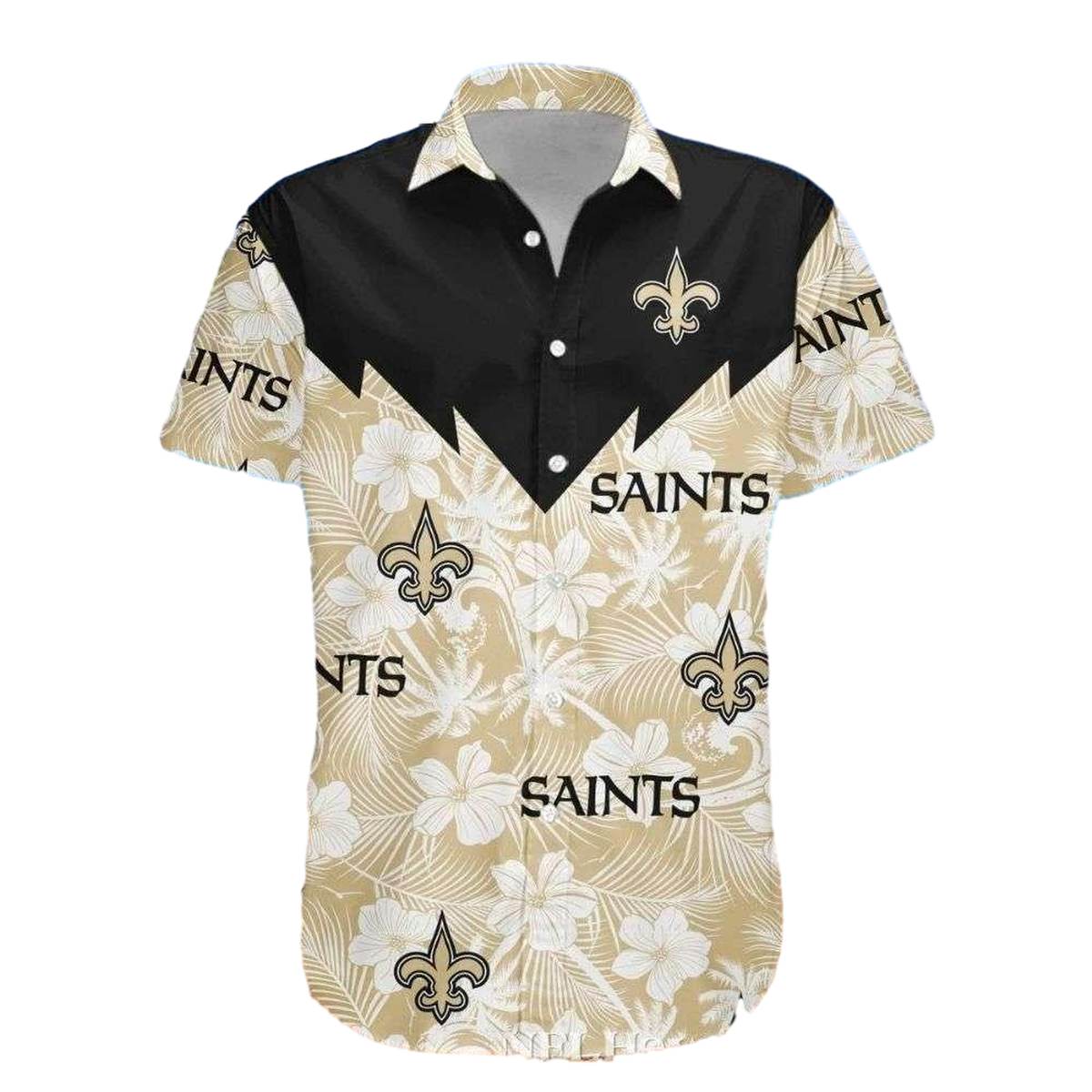 New Orleans Saints Logo Black And Beige Paneled Hawaiian Shirt - Moonbestprint