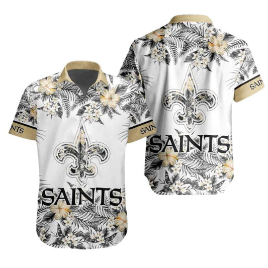 New Orleans Saints Logo Floral And White Hawaiian Shirt - Moonbestprint
