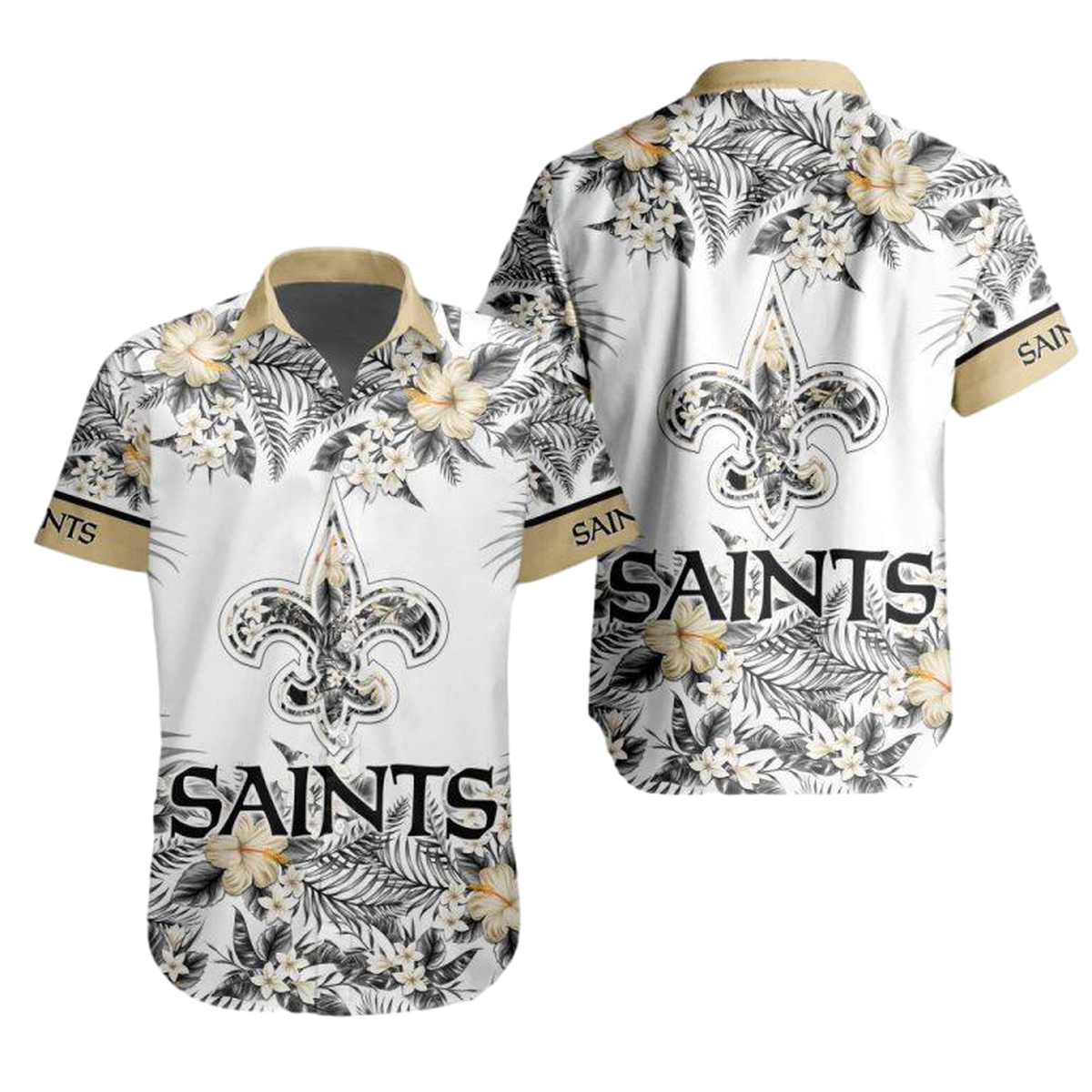 New Orleans Saints Logo Floral And White Hawaiian Shirt - Moonbestprint