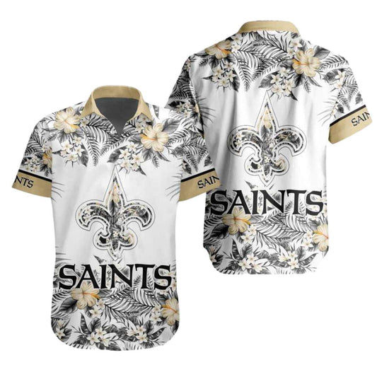 New Orleans Saints Logo Floral And White Hawaiian Shirt - Moonbestprint