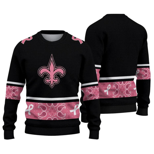 New Orleans Saints Logo Pink Ribbon Black Pink AOP Sweatshirt - Moonbestprint