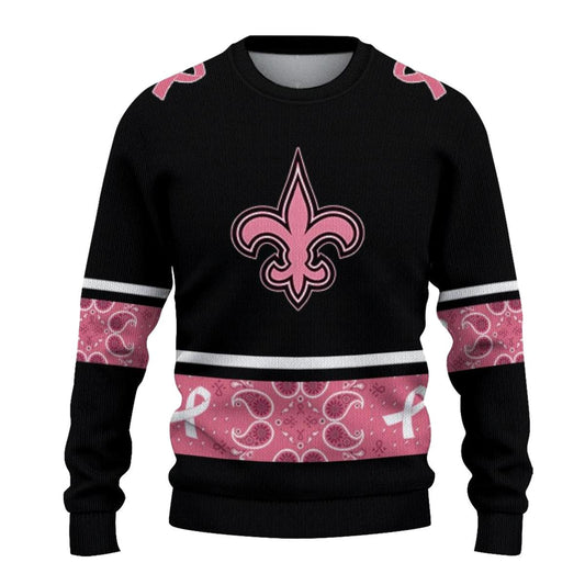 New Orleans Saints Logo Pink Ribbon Black Pink AOP Sweatshirt - Moonbestprint