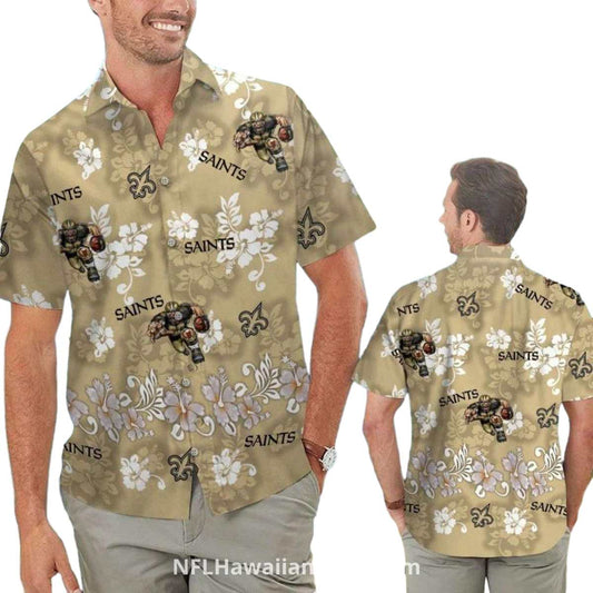 New Orleans Saints Mascot Hibiscus Gold Hawaiian Shirt - Moonbestprint