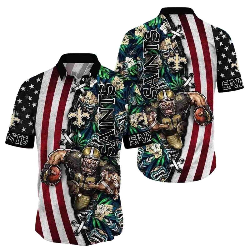 New Orleans Saints Mascot Tropical And Flag Hawaiian Shirt - Moonbestprint