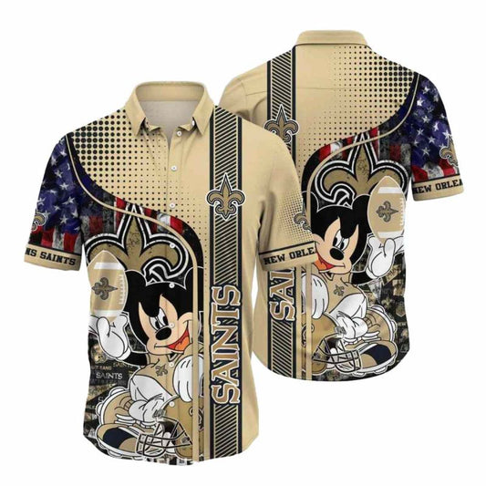 New Orleans Saints Mickey Football American Flag Style Hawaiian Shirt - Moonbestprint