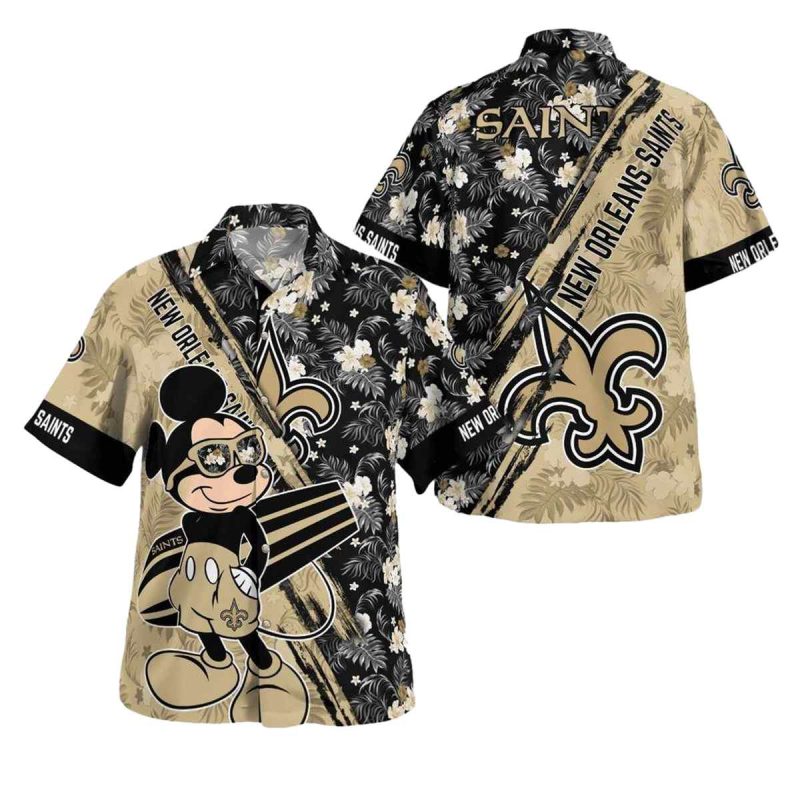 New Orleans Saints Mickey Mouse Floral Gold Hawaiian Shirt - Moonbestprint