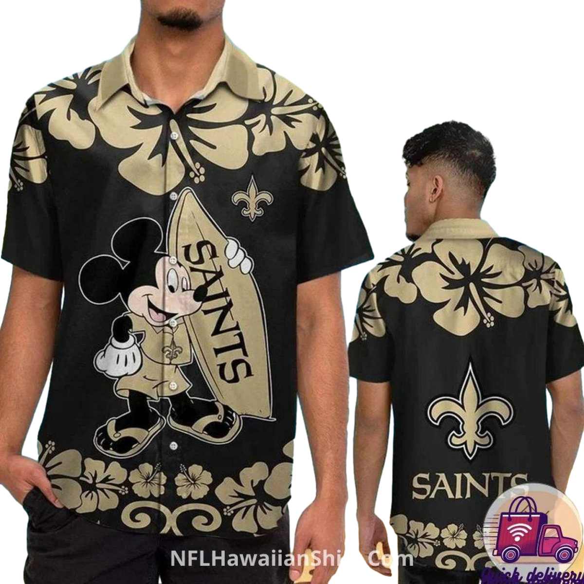 New Orleans Saints Mickey Surfboard Gold Hibiscus Black Hawaiian Shirt - Moonbestprint