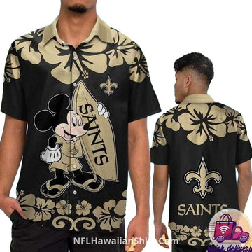 New Orleans Saints Mickey Surfboard Gold Hibiscus Black Hawaiian Shirt - Moonbestprint