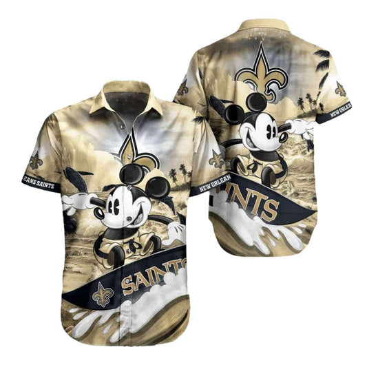 New Orleans Saints Mickey Surfing Tropical Sunset Style Hawaiian Shirt - Moonbestprint