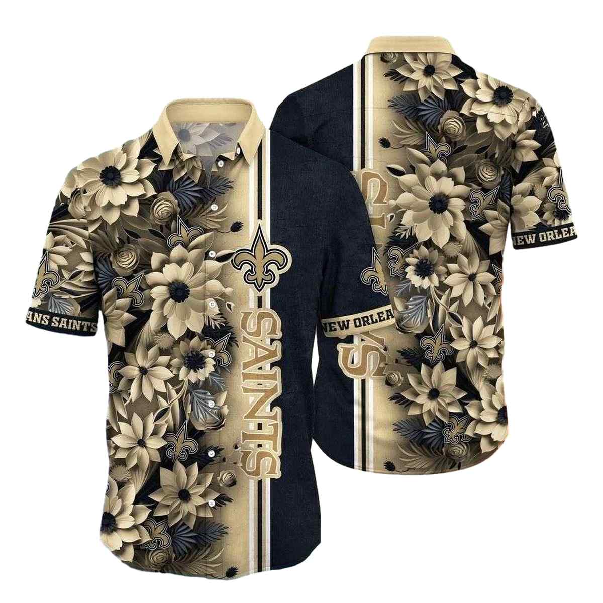 New Orleans Saints Monochromatic Floral Hawaiian Shirt Mens - Moonbestprint