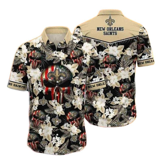 New Orleans Saints Punisher Skull Floral Hawaiian Shirt - Moonbestprint