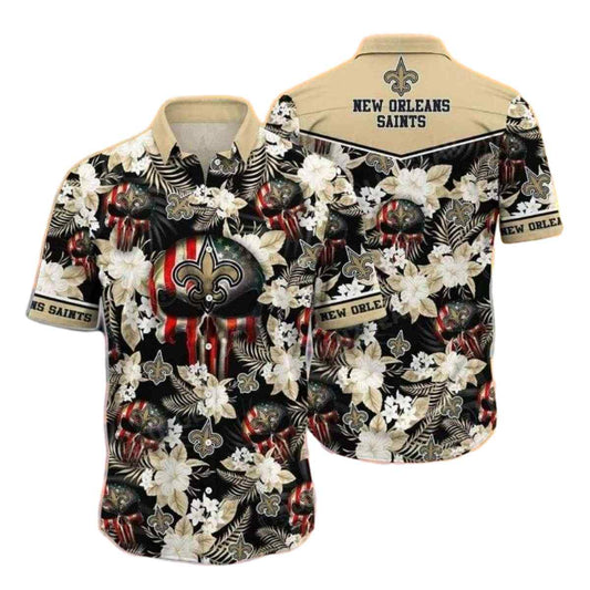 New Orleans Saints Punisher Skull Floral Hawaiian Shirt - Moonbestprint