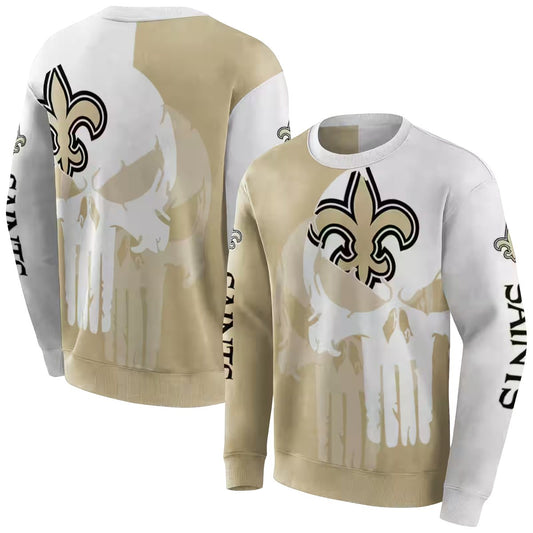 New Orleans Saints Punisher Skull Gold White AOP Sweatshirt - Moonbestprint