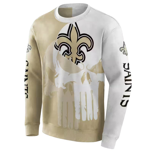 New Orleans Saints Punisher Skull Gold White AOP Sweatshirt - Moonbestprint