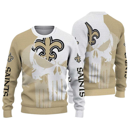 New Orleans Saints Punisher Skull Split Gold White AOP Sweatshirt - Moonbestprint