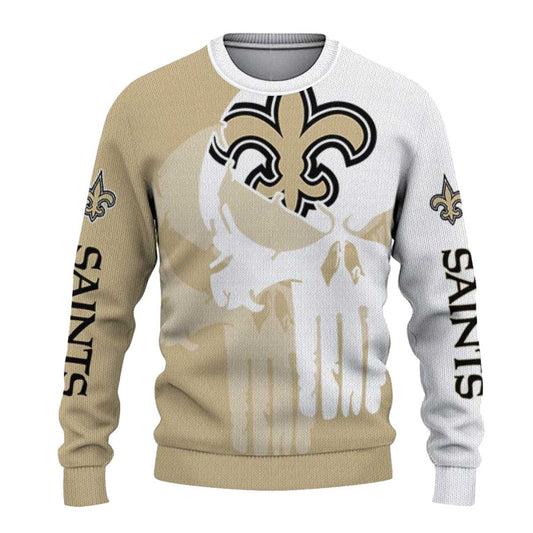 New Orleans Saints Punisher Skull Split Gold White AOP Sweatshirt - Moonbestprint