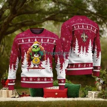 New Orleans Saints Red Grinch Turkey Disguise Thankgiving Ugly Christmas Sweater, NFL Chritsmas Sweater Moonbestprint