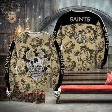 New Orleans Saints Skull And Rose Ugly Christmas Sweater, NFL Chritsmas Sweater Moonbestprint