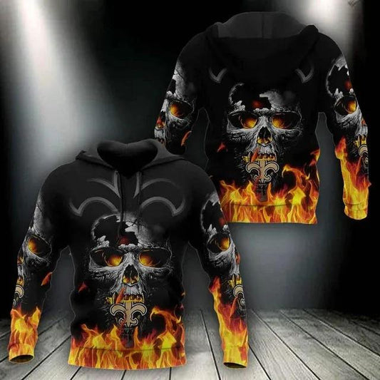 New Orleans Saints Skull Fire 3D Hoodie, NFL Hoodie Moonbestprint
