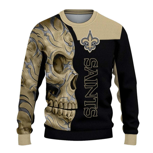 New Orleans Saints Skull Swirl Gold Black AOP Sweatshirt - Moonbestprint