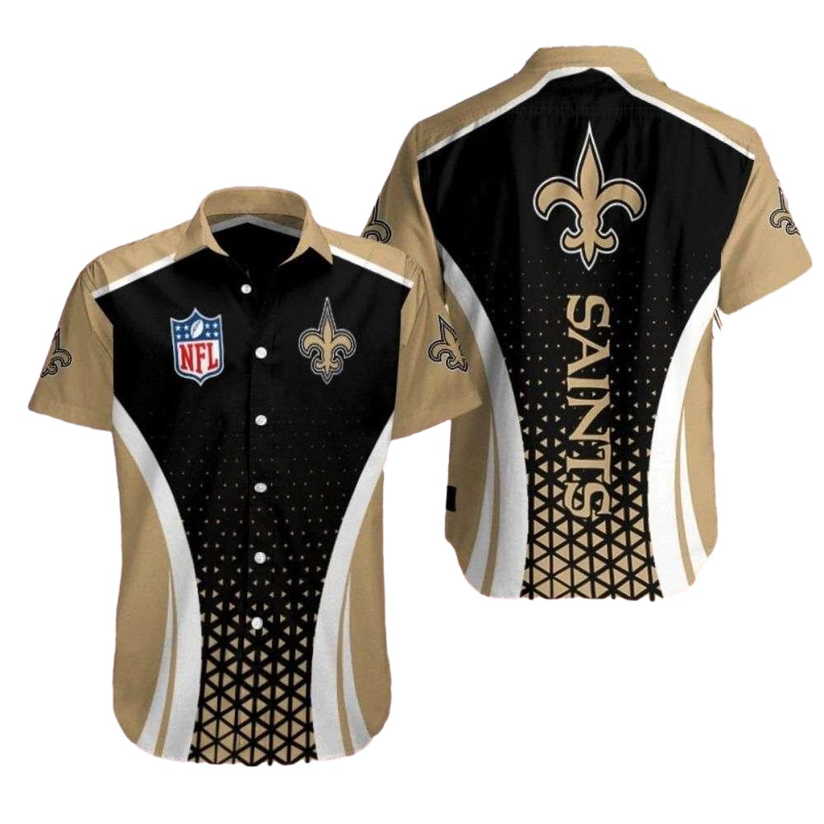 New Orleans Saints Stardom Swirl Black And Gold Hawaiian Shirt - Moonbestprint