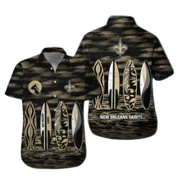New Orleans Saints Surfboard Beach Theme Black And Gold Hawaiian Shirt - Moonbestprint