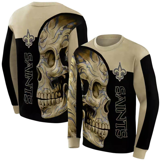 New Orleans Saints Tattoo Skull Motif Gold Black AOP Sweatshirt - Moonbestprint