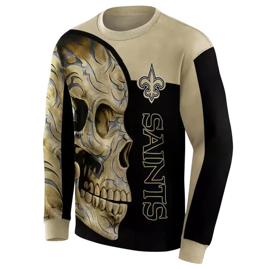 New Orleans Saints Tattoo Skull Motif Gold Black AOP Sweatshirt - Moonbestprint