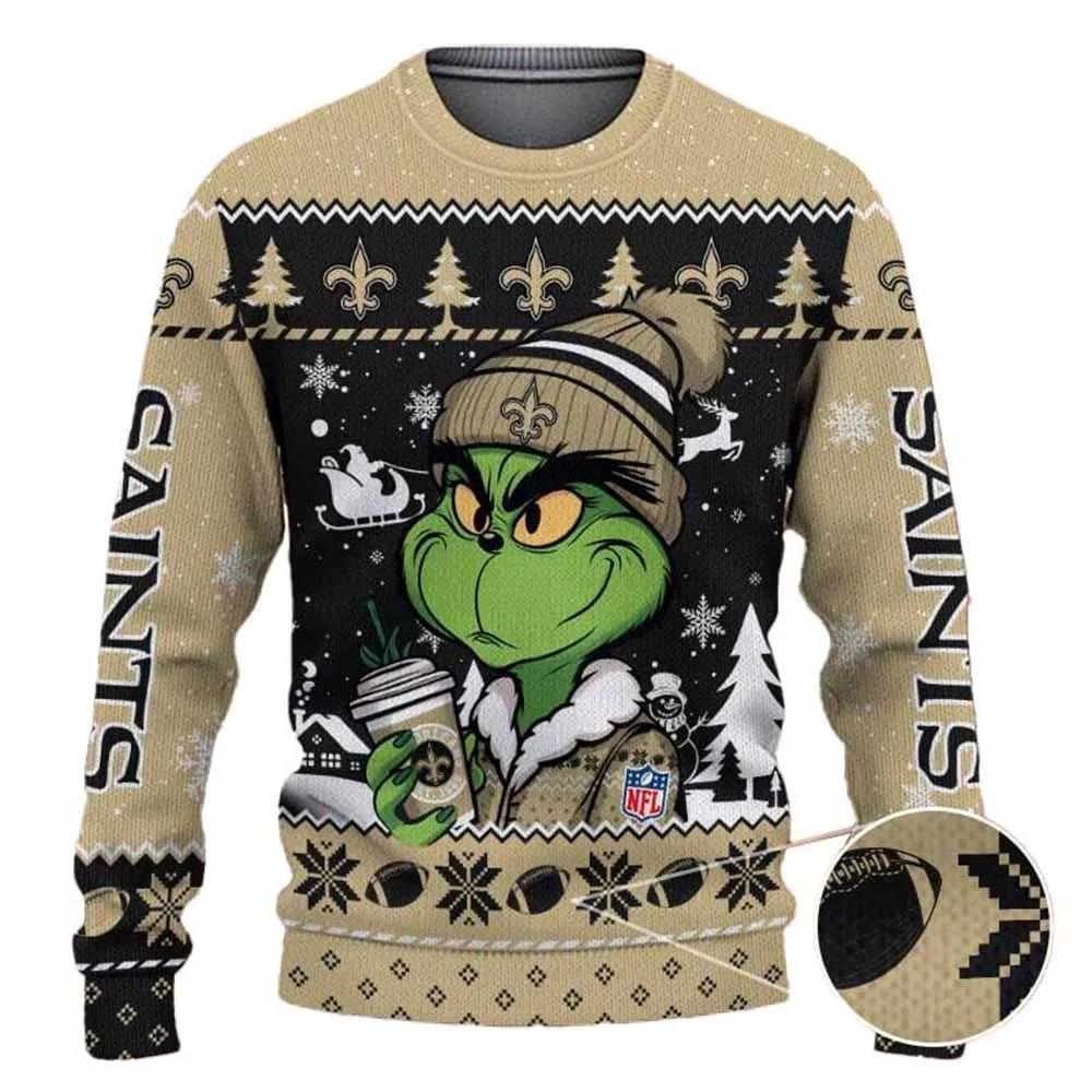 New Orleans Saints The Grinch Drink Coffee Ugly Christmas Sweater, NFL Christmas Sweater Moonbestprint