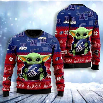 New York Giants Baby Yoda Ugly Christmas Sweater, NFL Christmas Sweater Moonbestprint