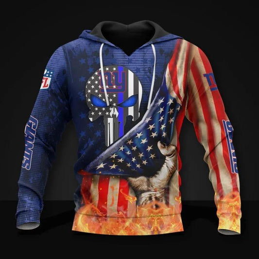 New York Giants Skull  American Flag All Over Print Hoodie, NFL Hoodie Moonbestprint