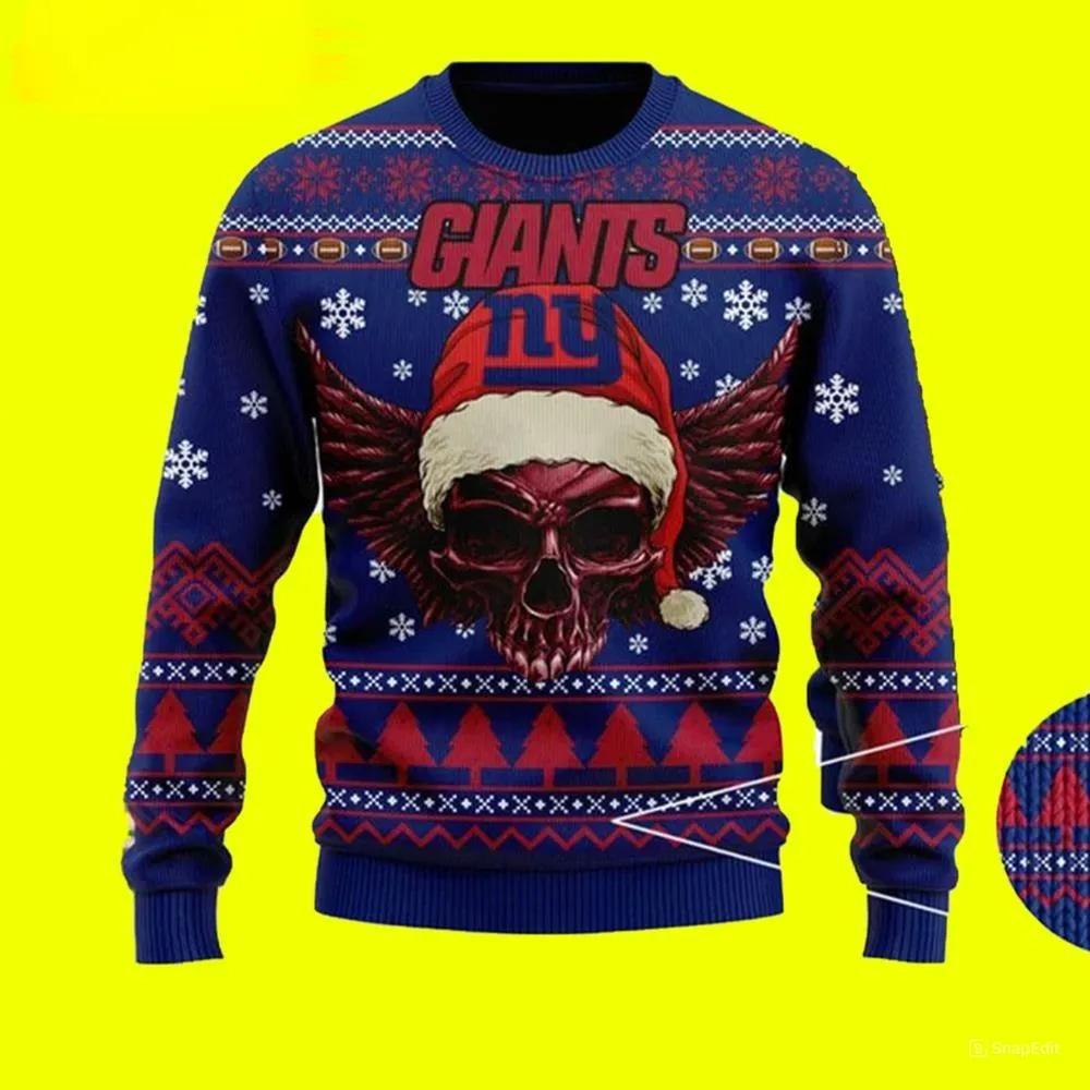 New York Giants Skull Xmas Ugly Christmas Sweater, NFL Christmas Sweater Moonbestprint