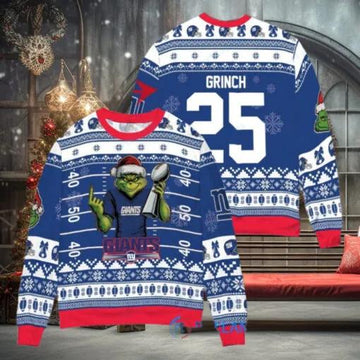 New York Giants x Grinch Christmas Dr. Seuss How the Grinch Stole Christmas with Super Bowl Trophy Custom Ugly Christmas Sweater Moonbestprint
