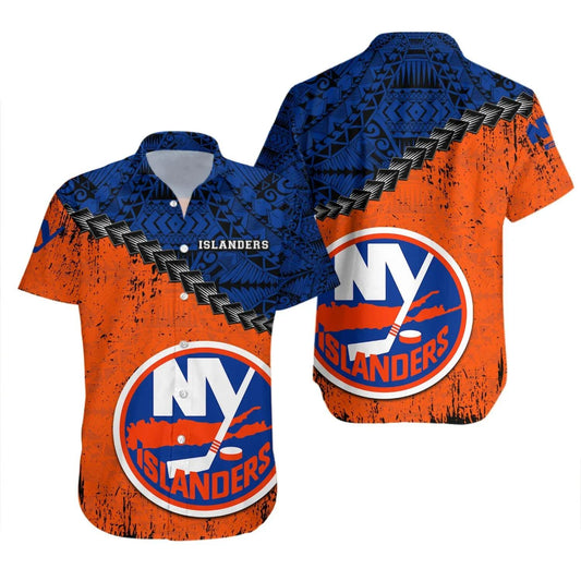 New York Islanders Hawaiian Shirt Grunge Polynesian Tattoo - NHL, NHL Hawaiian Shirt Moonbestprint