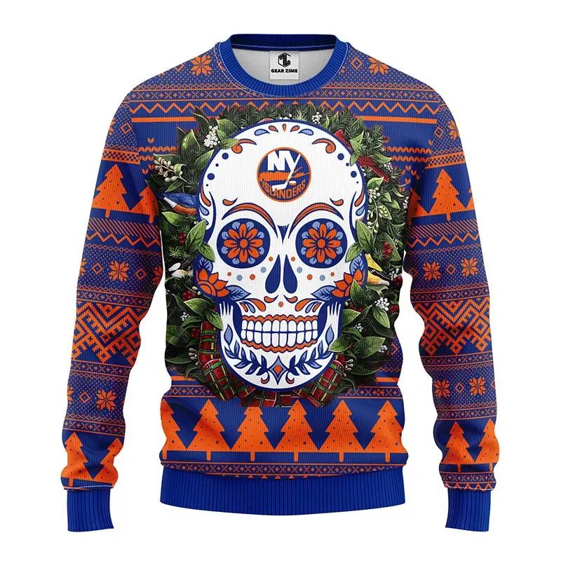 New York Islanders Skull Flower Ugly Christmas Sweater, NHL Christmas Sweater Moonbestprint