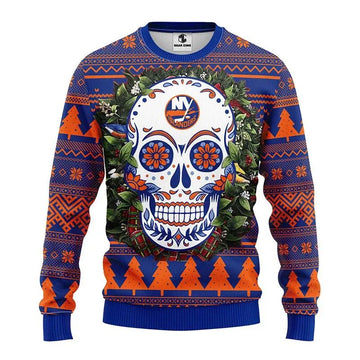 New York Islanders Skull Flower Ugly Christmas Sweater, NHL Christmas Sweater Moonbestprint
