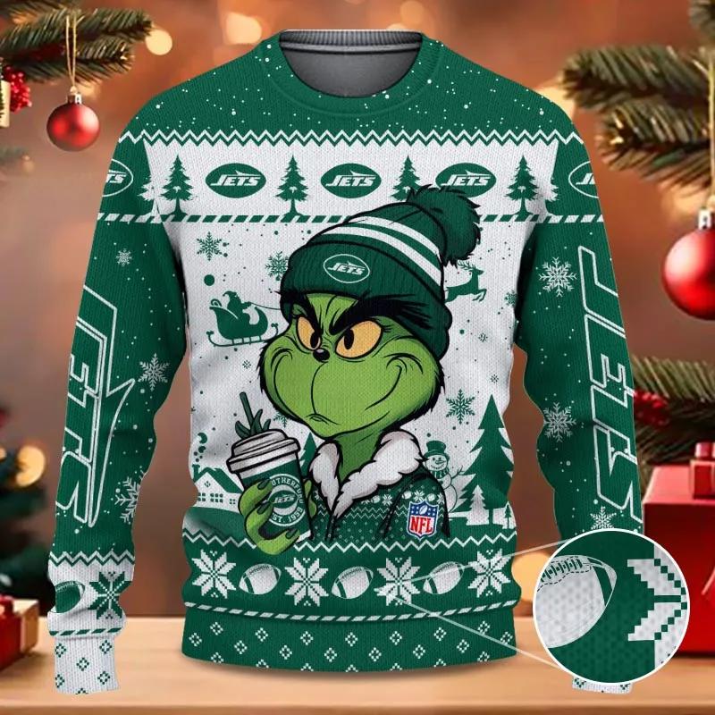 New York Jets The Grinch Drink Coffee Ugly Christmas Sweater, NFL Christmas Sweater Moonbestprint