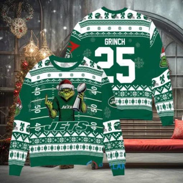 New York Jets x Grinch Christmas Dr. Seuss How the Grinch Stole Christmas with Super Bowl Trophy Custom Ugly Christmas Sweater, NFL Chritsmas Sweater Moonbestprint