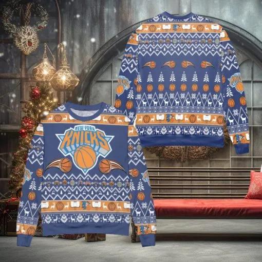 New York Knicks Basketball Team Reindeer Pattern Ugly Christmas Sweater, NBA Chritsmas Sweater Moonbestprint