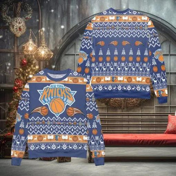 New York Knicks Basketball Team Reindeer Pattern Ugly Christmas Sweater, NBA Chritsmas Sweater Moonbestprint