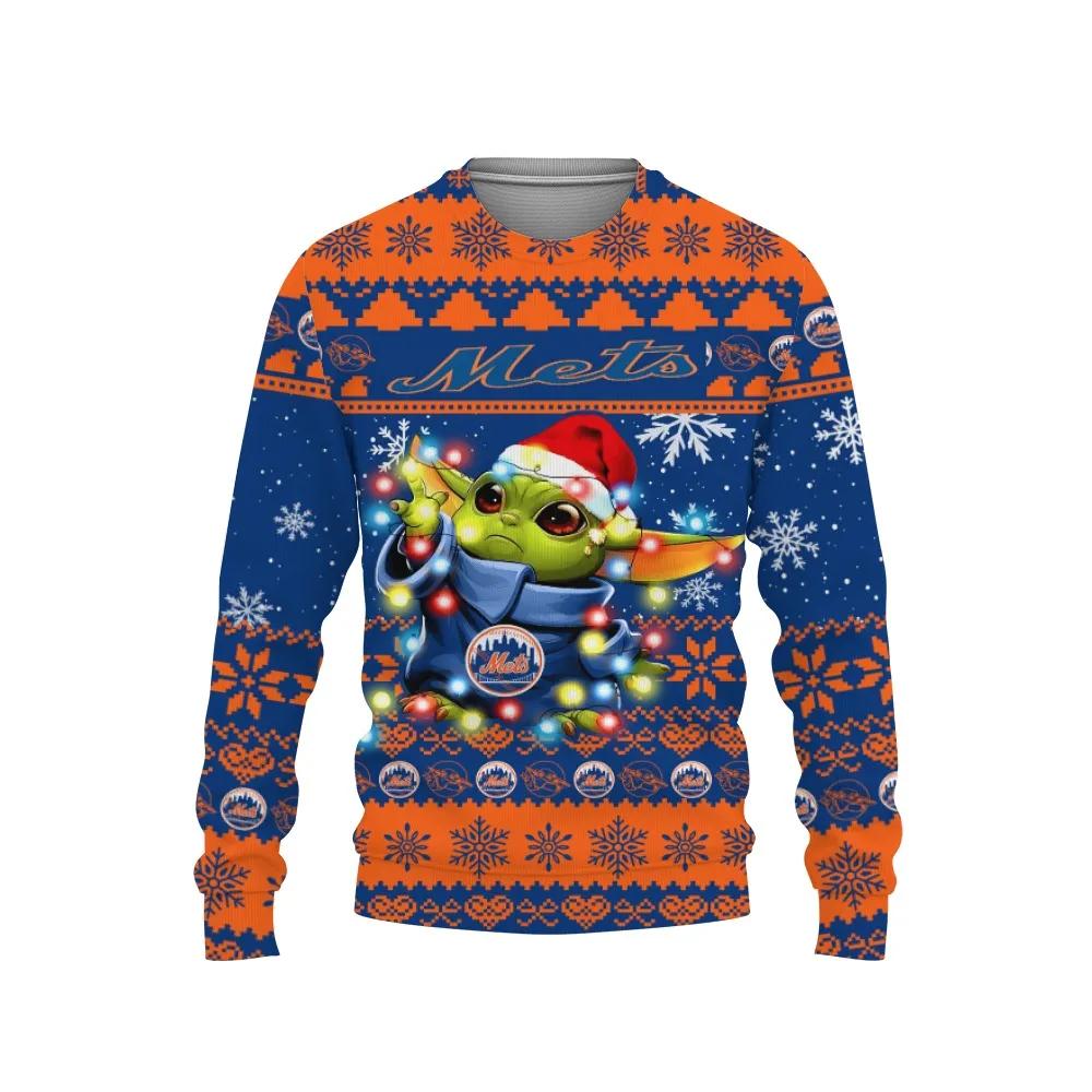 New York Mets Baby Yoda Star Wars Ugly Christmas Sweater, MLB Christmas Sweater Moonbestprint