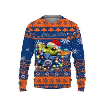 New York Mets Baby Yoda Star Wars Ugly Christmas Sweater, MLB Christmas Sweater Moonbestprint