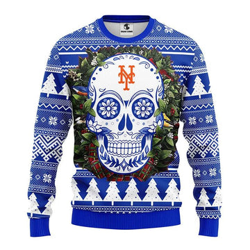 New York Mets Skull Flower Ugly Christmas Sweater, MLB Christmas Sweater Moonbestprint