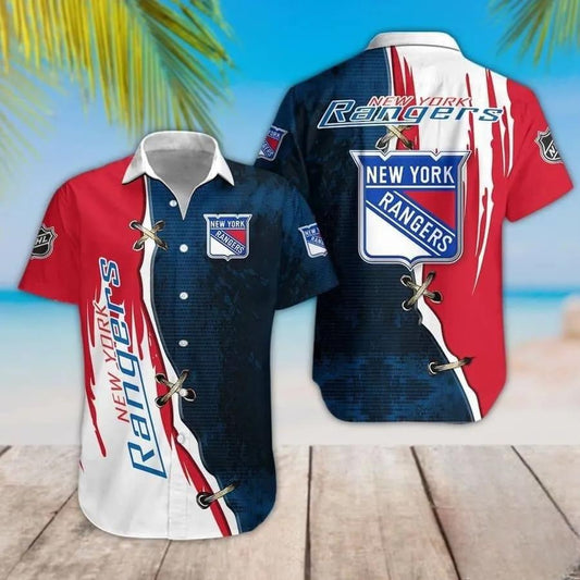 New York Rangers Red And Dark Blue Hawaiian Shirt, NHL Hawaiian Shirt Moonbestprint