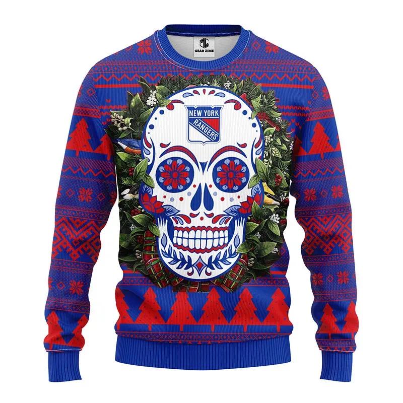 New York Rangers Skull Flower Ugly Christmas Sweater, NHL Christmas Sweater Moonbestprint