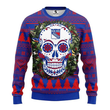 New York Rangers Skull Flower Ugly Christmas Sweater, NHL Christmas Sweater Moonbestprint